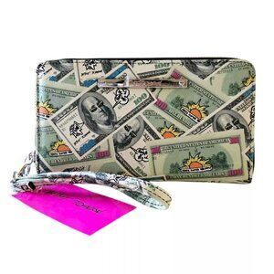 Betsey Johnson Zip Around Wallet Money Doodle $ Bills Removable Strap Wristlet